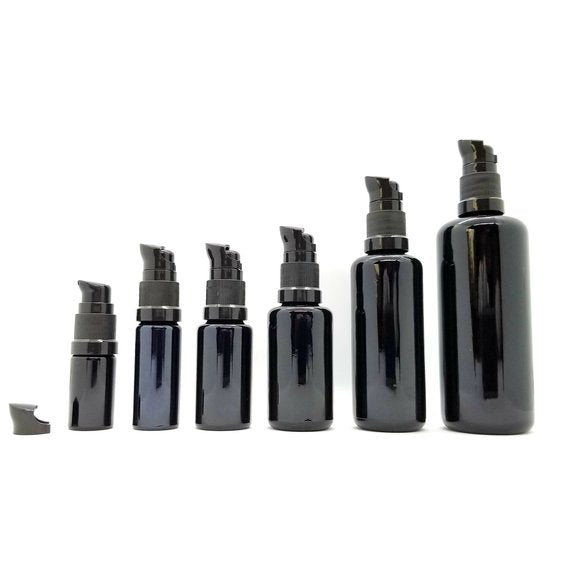 authentic, swiss made, uv blocking, miron violet glass bottle with gel pump cap. sizes 5ml, 10ml, 15ml, 30ml, 50ml, 100ml. protective storage for essential oils, carrier oil, cosmetics, aromatherapy, perfumery.