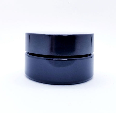 authentic, swiss made, uv blocking, wide mouth, miron violet glass jar with screw on lid. 1oz 30ml size. protective storage for botanicals, cosmetics, aromatherapy, perfumery.