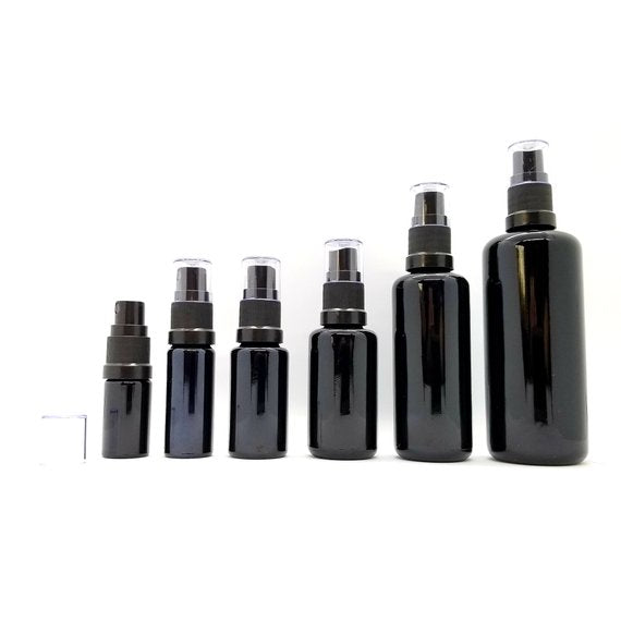 authentic, swiss made, uv blocking, miron violet glass bottle with screw on atomizer spray top, and cap. sizes 5ml, 10ml, 15ml, 30ml, 50ml, 100ml. protective storage for essential oils, tinctures, cosmetics, aromatherapy, perfumery.